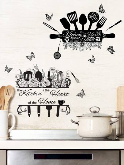 1pc New Creative Kitchen Utensils Sticker, Removable Wall Sticker For Restaurant, Kitchen And Home Decoration, Stickers, Wall Decal, Vinyl Decal For Home Decorations, Spring Decoration Items Refresh Your Home, Festival Decoration Stickers Gifts Birthday Graduation Kitchen Decor