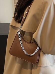 BEIKAMU 复古风格新月单肩包，通勤百搭简约纯色斜挎包带链条 - 咖啡棕 - 查看 4