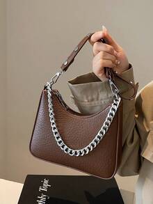 BEIKAMU 复古风格新月单肩包，通勤百搭简约纯色斜挎包带链条 - 咖啡棕 - 查看 6