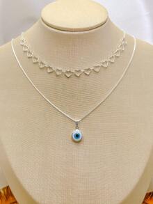 KIT 2 Choker Necklace With Heart Link + Evil Eye Necklace In 925 Silver - Bạc - Xem 3