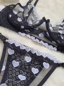 Lingerie Set Bra Panties Thong Transparent Tulle Embroidered Anabella - Đen và trắng - Xem 4