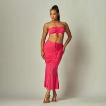 Luminous Label Solid Knit Halter Crop Top And Skirt Set