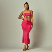 Luminous Label Solid Knit Halter Crop Top And Skirt Set