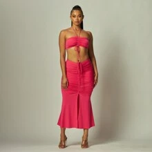 Luminous Label Solid Knit Halter Crop Top And Skirt Set