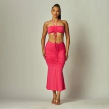 Luminous Label Solid Knit Halter Crop Top And Skirt Set