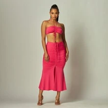 Luminous Label Solid Knit Halter Crop Top And Skirt Set