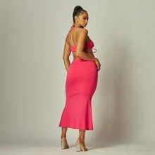Luminous Label Solid Knit Halter Crop Top And Skirt Set