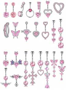 CIZME 1PC Belly Button Ring Dangle Navel Belly Piercing Jewelry Cute Pink CZ Heart Bow Flower Navel Belly Rings For Women 14G Silver Stainless Steel Dainty Dangly Dangling Belly Button Piercing - Pink - View 4