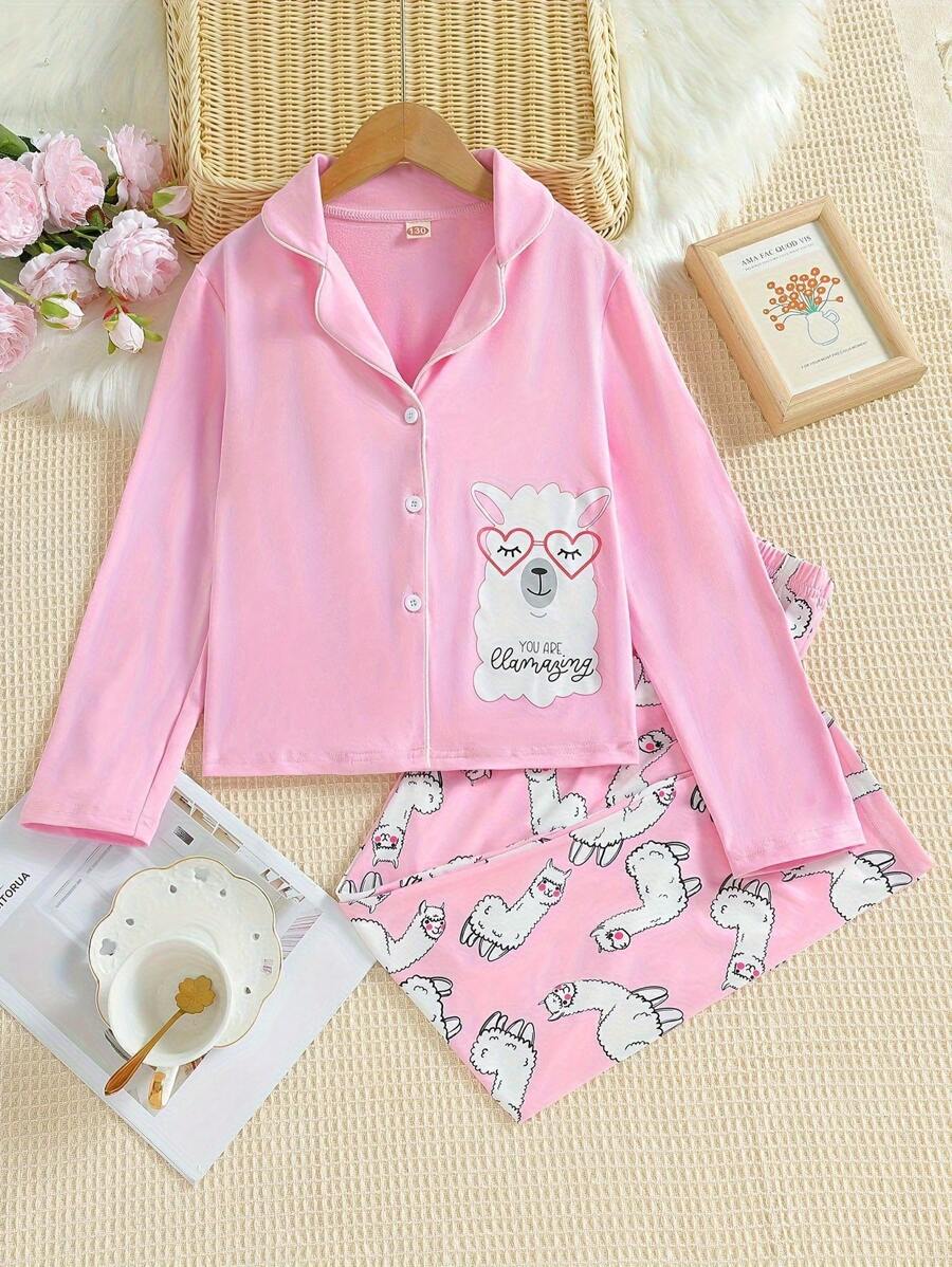 2 件套少女公主风格字母印花立领长袖上衣和裤子睡衣套装，春季/秋季 - 粉色 - 查看 1