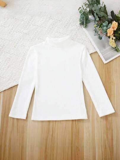 Camiseta térmica de cuello alto y manga larga de unicolor para niña preadolescente, top básico de jersey, blanco, apto para primavera, otoño e invierno