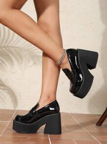 Women's Fashionable Round Toe Chunky Heel Waterproof Platform Party Pumps - Black - View 1