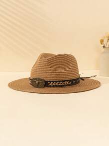 1pc Unisex Straw Hat With Detachable Faux Leather Details, Retro Fashion Accessory Suitable For Daily Outings, Outdoor Leisure, Sun Protection, Holiday Gifts, Party Wear