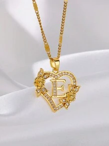 1 Pc Fashion Zirconia Flower Initial Heart Pendant Necklaces For Women Gold Color Stainless Steel Letter Chain Wedding Jewelry Gifts Valentines,Mom,Mother,Mother's Day,Gift