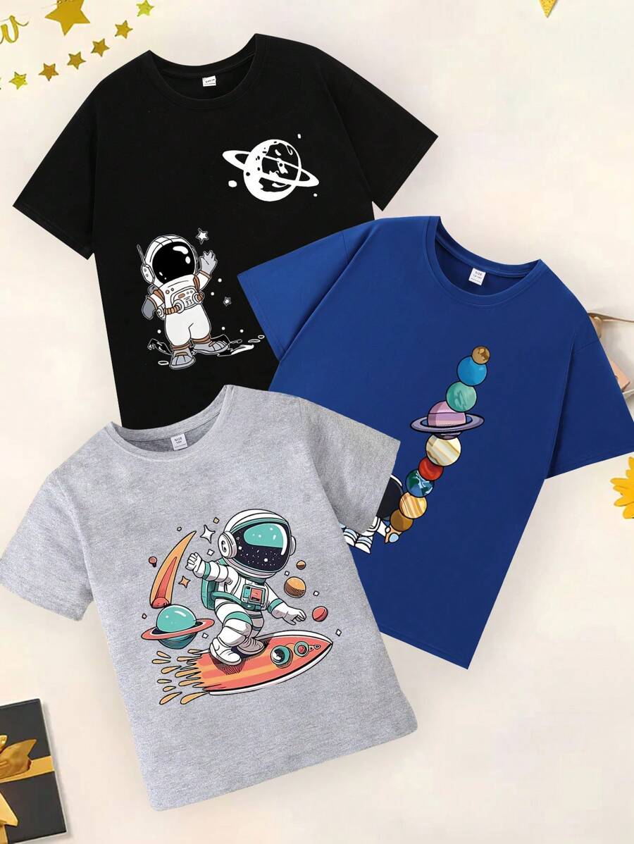3pcs/Set Young Boys Cool Street Style Astronaut & Space Print T-Shirt, Short Sleeve Top And Casual Crew Neck Pullover Outfit, Summer Autumn