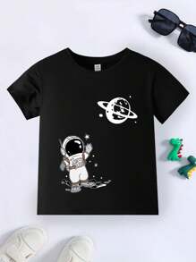 3pcs/Set Young Boys Cool Street Style Astronaut & Space Print T-Shirt, Short Sleeve Top And Casual Crew Neck Pullover Outfit, Summer Autumn