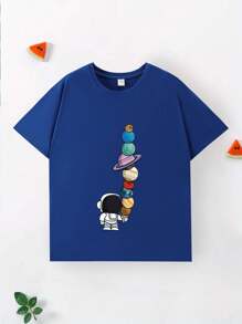 3pcs/Set Young Boys Cool Street Style Astronaut & Space Print T-Shirt, Short Sleeve Top And Casual Crew Neck Pullover Outfit, Summer Autumn