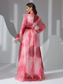 女式 V 领印花休闲伞形下摆连衣裙 - 粉色 - 查看 2