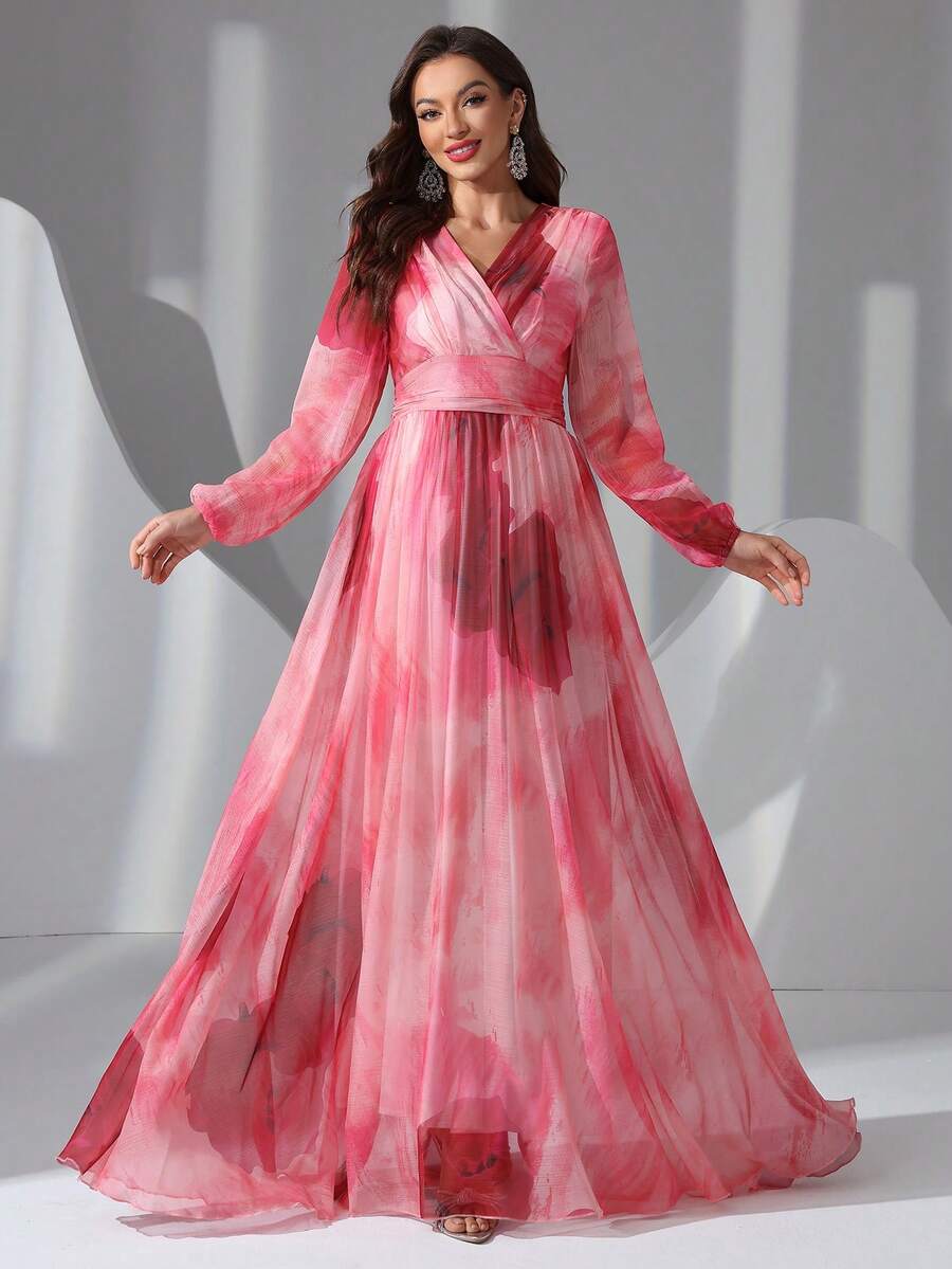 女式 V 领印花休闲伞形下摆连衣裙 - 粉色 - 查看 1