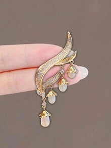 1 chiếc trâm cài áo đính tua rua hoa loa kèn và ngọc trai thanh lịch dành cho nữ, phụ kiện thiết kế độc đáo cho bộ vest - Vàng - Xem 2