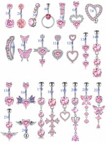 CIZME 1PC Belly Button Ring Dangle Navel Belly Piercing Jewelry Cute Pink CZ Heart Bow Flower Navel Belly Rings For Women 14G Silver Stainless Steel Dainty Dangly Dangling Belly Button Piercing - Pink - View 2