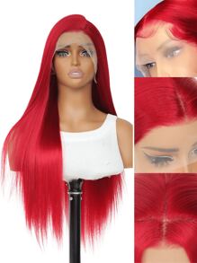 SALLYWELL Lace Front Wigs Straight Hair Glueless Lace Wigs Synthetic Long Silk Straight Natural Wig Heat Resistant Fiber Dark Root Ombre Red Colorful Wig 24 Inches - 紅色 - 查看 2