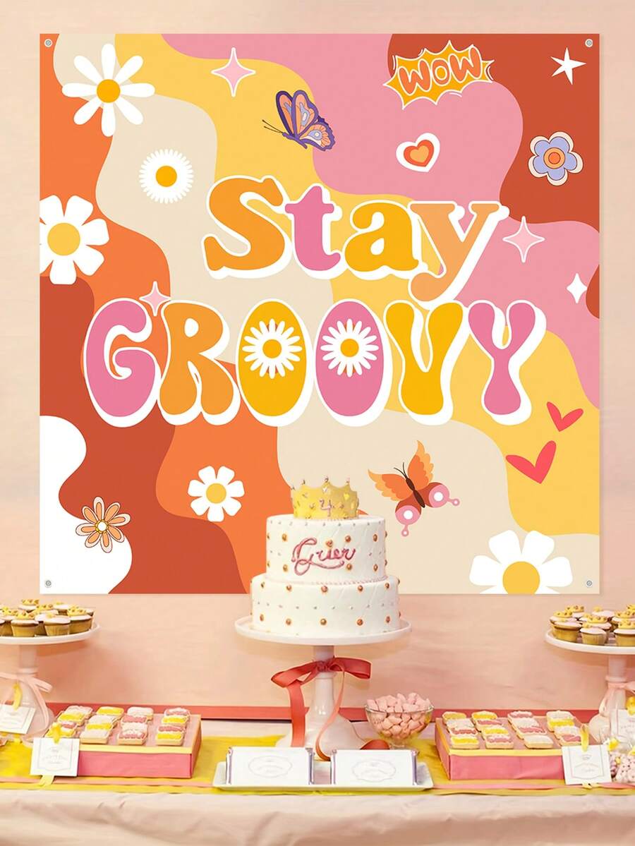 1 件 120*120 厘米方形雏菊图案“Stay Groovy”涤纶背景布、背景横幅、洗礼生日派对房间墙壁背景装饰用品 - 彩色 - 查看 1