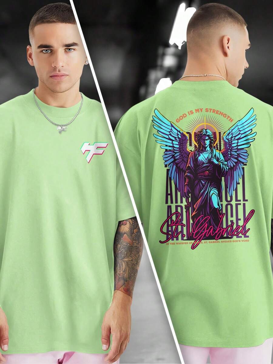 ST GABRIEL GOD Printed T-Shirt Front And Back 100% Cotton GPJ1 - 薄荷綠 - 查看 1