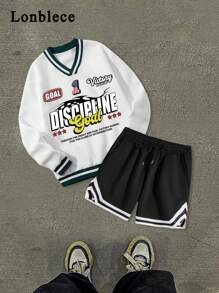 2 件装男士学院风图案印花运动衫和抽绳短裤套装 - 白色 - 查看 2