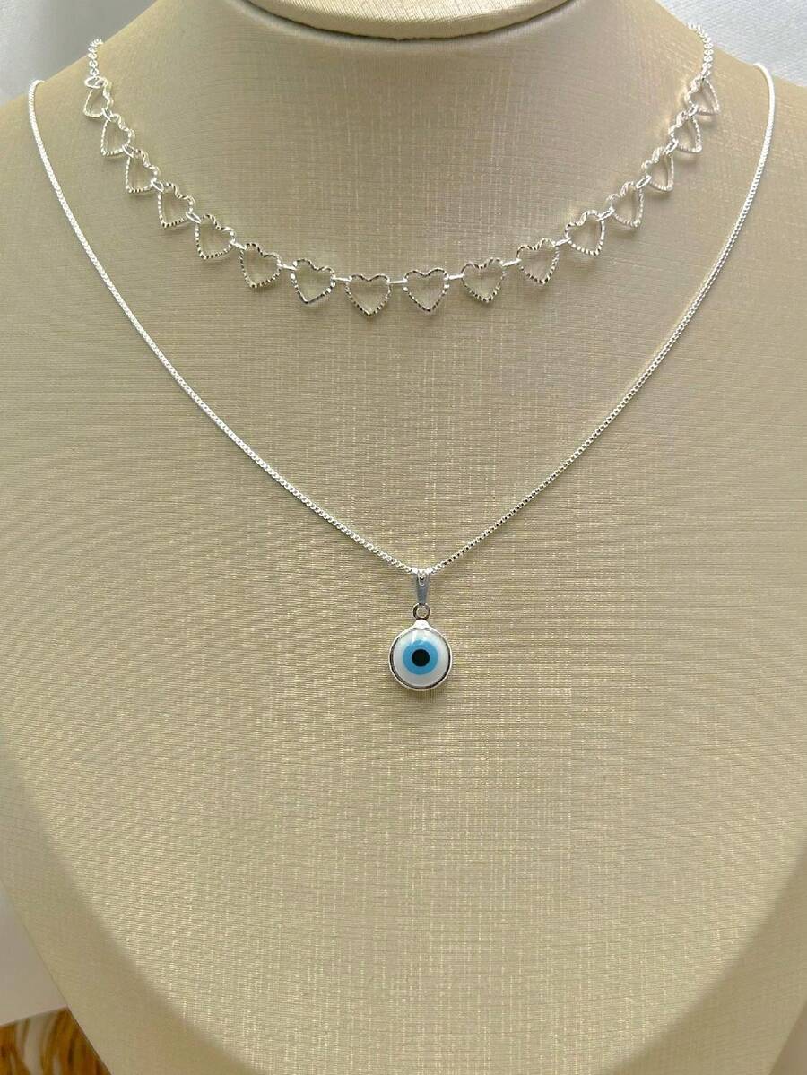 KIT 2 Choker Necklace With Heart Link + Evil Eye Necklace In 925 Silver - Bạc - Xem 1