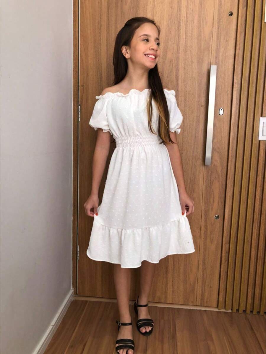 Plain  Children's And Youth Dress With Sleeves - White - View 1