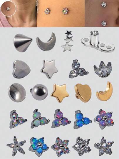 1 PC Stainless Steel Dermal Anchor Moon Shape Micro Dermal Anchor Opal Flower Star Piercings Skin Diver Piercing Body Jewelry 14g Valentines,Mom,Mother,Mother's Day,Gift