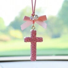 1pc Rhinestone Encrusted Ceramic Cross Car Hanging Decor - one-size - View 13