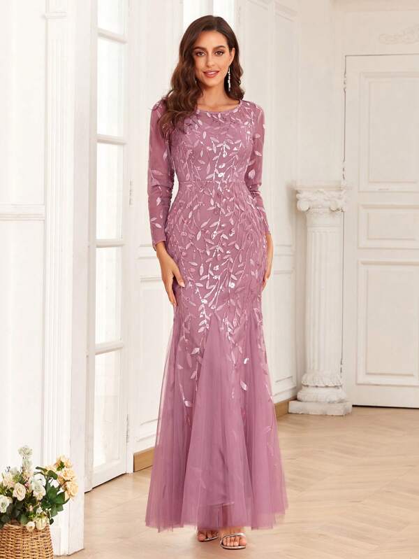 Contrast Sequin Mesh Mermaid Hem Evening Dress, Elegant Long Sleeve Formal Prom ,Wedding Guest Dress For Wedding, For Graduation, Dinner, For Holiday Party Clothes,Gown