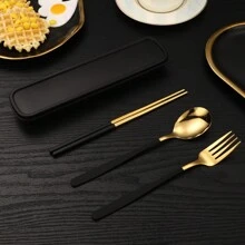 不鏽鋼韓式餐具，便攜式學生餐具組，304不鏽鋼材質，附收納盒便攜金屬餐具組，適用於上班族、學生、旅行者，辦公室、學校、野餐、露營，生日節日禮物 - 銀黑 - 查看 19