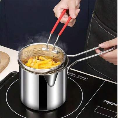 304 Stainless Steel Deep Fryer, With Fry Basket And Pasta Strainer - Mini Tempura Cooking Pot, Suitable For Frying Fries, Chicken, Meatballs Etc. - Multi-Function Kitchen Cookware Seafood Boil