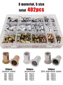 1 Box 70/205/402pcs Flat Head Insert Rivet Nut Rivnut Mix M3 M4 M5 M6 M8 Set Assortment Kit 304 A2-70 Stainless Steel Carbon Steel Aluminum