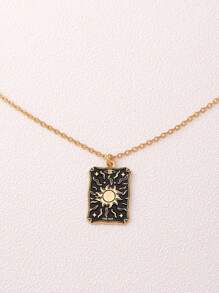 1 pieza Collar colgante geométrico cuadrado con sol y luna de estilo vintage chic y personalizado en negro para mujeres