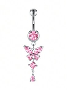 CIZME 1PC Belly Button Ring Dangle Navel Belly Piercing Jewelry Cute Pink CZ Heart Bow Flower Navel Belly Rings For Women 14G Silver Stainless Steel Dainty Dangly Dangling Belly Button Piercing - Pink - View 5