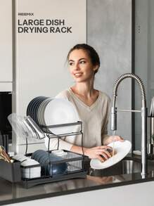 Yabano 2 Tier Dish Drainer, Multifunctional Dish Drainer Rack, Rustproof Kitchen Dish Drying Rack With Drainboard & Utensil Holder, Space-Saving Dish Rack For Kitchen Counter - Black - View 7