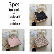 1/2/3件粗麻布手提袋，婚礼专用可重复使用包，日常使用，迷你手提袋，拉链帆布包，便携式双手柄手提袋，午餐礼品袋，沙滩包，带手柄纽扣的单肩手提包，三种颜色可供选择，情人节礼物，送给情侣的最佳礼物（纽扣款式和颜色随机发货）（由于材料原因，可能会出现断线。如果您介意，请谨慎下单） - 彩色 - 查看 16