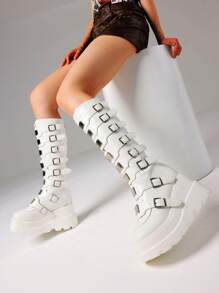 Women's Y2K Goth Knee High Boots Fashion Cosplay Punk Metal Buckle Wedges High Heels Back Zipper Round Toe Platform Boots - trắng - Xem 6