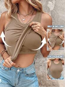 Built-In Bra Sleeveless Ribbed Knit Tank Top Slim Fit Round Neck Basic Top - Khaki - View 2