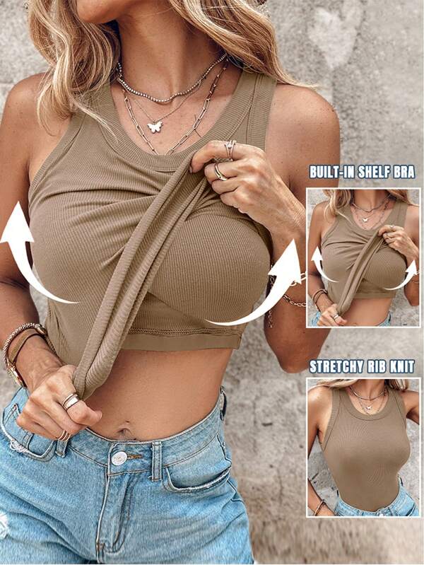 ChicMe Built-In Bra Sleeveless Ribbed Knit Tank Top Slim Fit Round Neck Basic Top