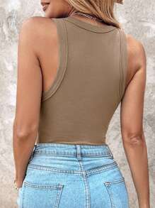 Built-In Bra Sleeveless Ribbed Knit Tank Top Slim Fit Round Neck Basic Top - Khaki - View 3