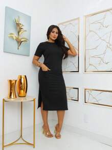 Midi Sweatshirt Dress With Front Pockets - Stylish And Modern | Fashion 2024 - Black - View 6