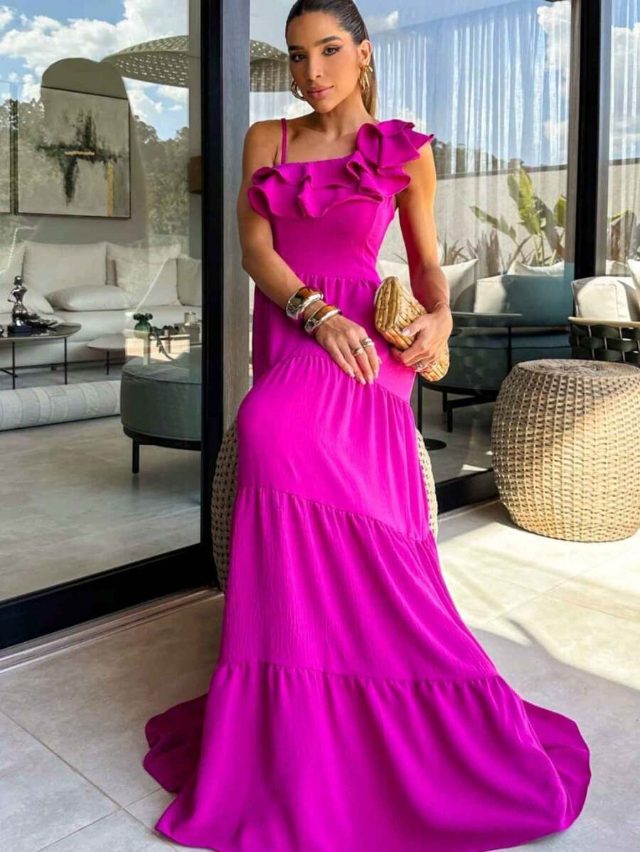 Long Dress With Ruffle On The Bust One Shoulder Mule Sleeve Elastéx On The Back Straps Elegant Party Godmother Loose - 藕粉色 - 查看 1