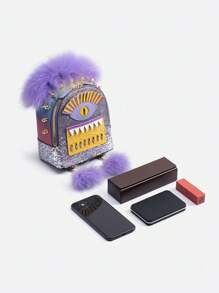 FION X Little Monster Jacquard With Leather Backpack Daily Bag Fashion Compact Shoulder Bag Purple Hair And Pendant,Zip Closure, School Backpack - Purple - View 6