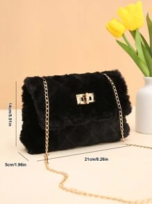 Furry Material Crossbody Bag, Women's New Versatile Chain Shoulder Bag, Furry Fluffy Lock Small Square Bag, Perfectly Matching With Fall Outfits Women - Black - View 7