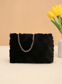 Furry Material Crossbody Bag, Women's New Versatile Chain Shoulder Bag, Furry Fluffy Lock Small Square Bag, Perfectly Matching With Fall Outfits Women - Black - View 4