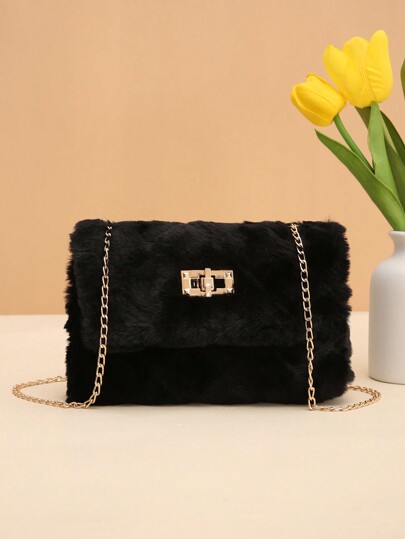 Furry Material Crossbody Bag, Women's New Versatile Chain Shoulder Bag, Furry Fluffy Lock Small Square Bag, Perfectly Matching With Fall Outfits Women